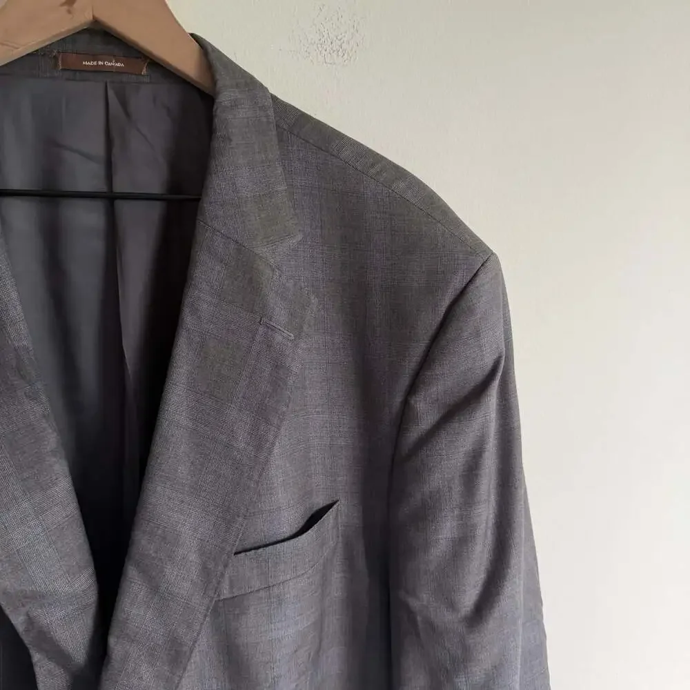 Peter Millar 100% Wool Blazer Sport Coat Size 48T Long Gray Windowpane Business